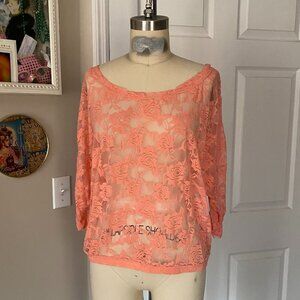 POOF Coral Orange sheer Crochet Floral Lace Dolman Shirt Tunic *SMALL* B10